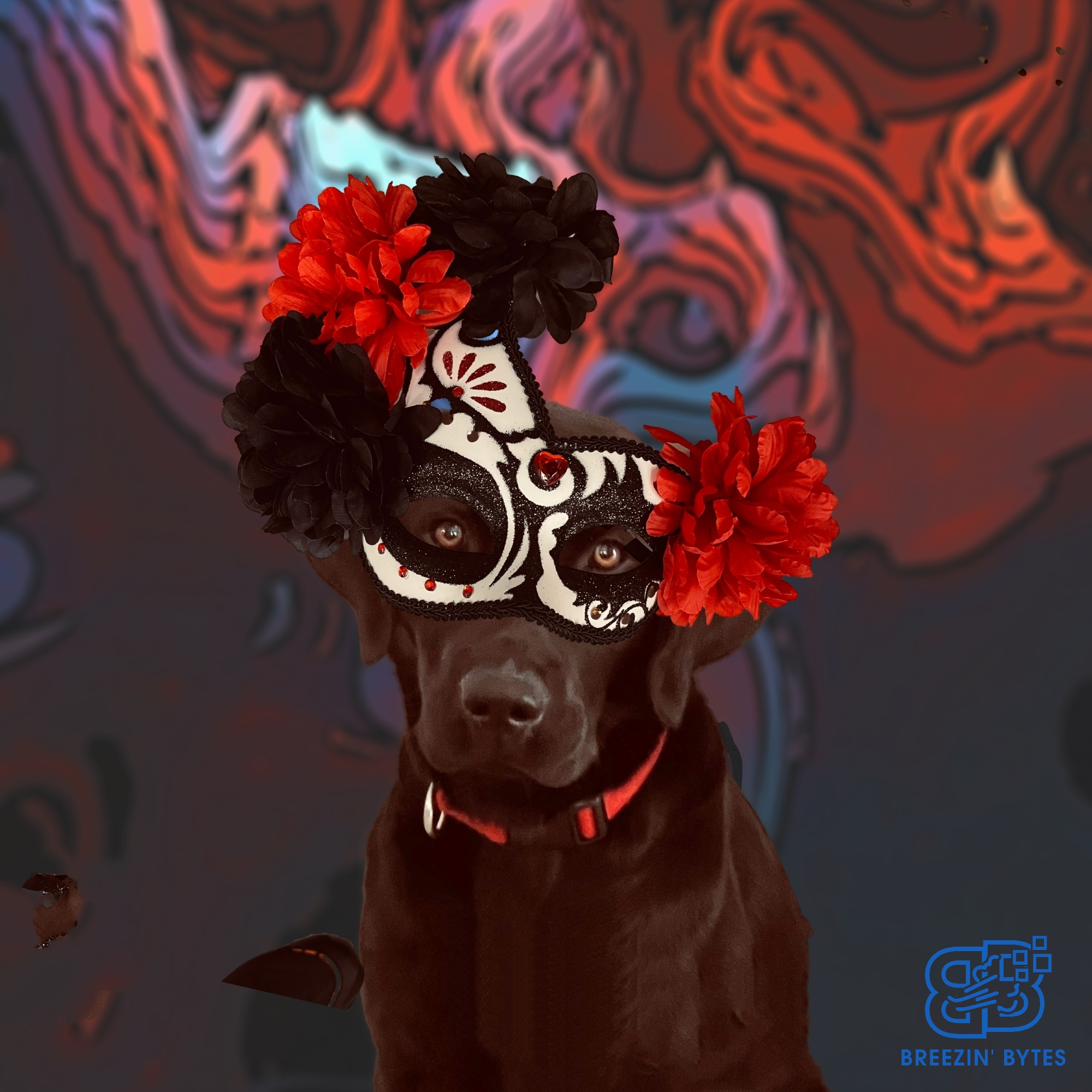 Goldador Dog wearing a Mardi Gras mask against the blurred autumn colored abstract backdrop